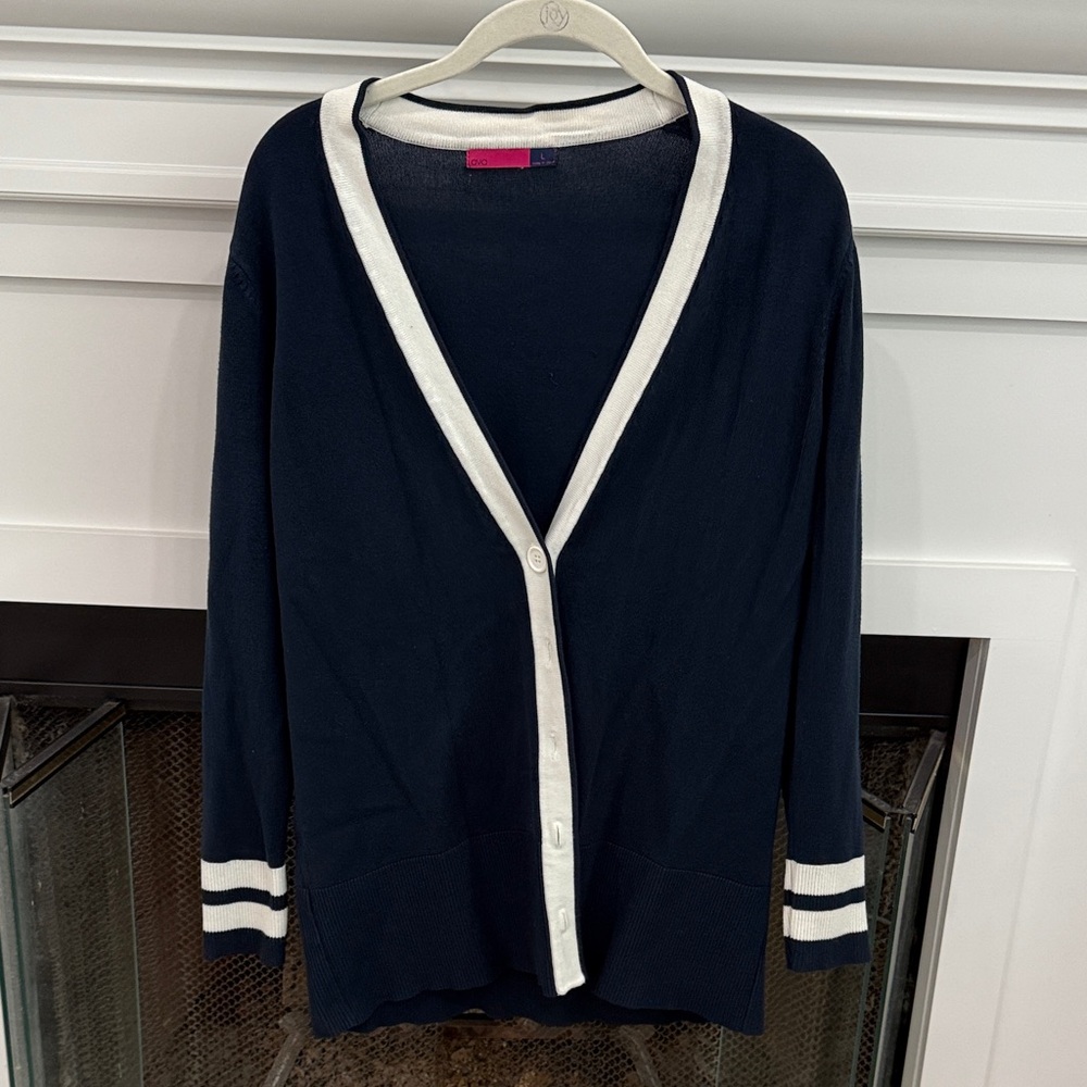 Navy and White Women's Cardigan